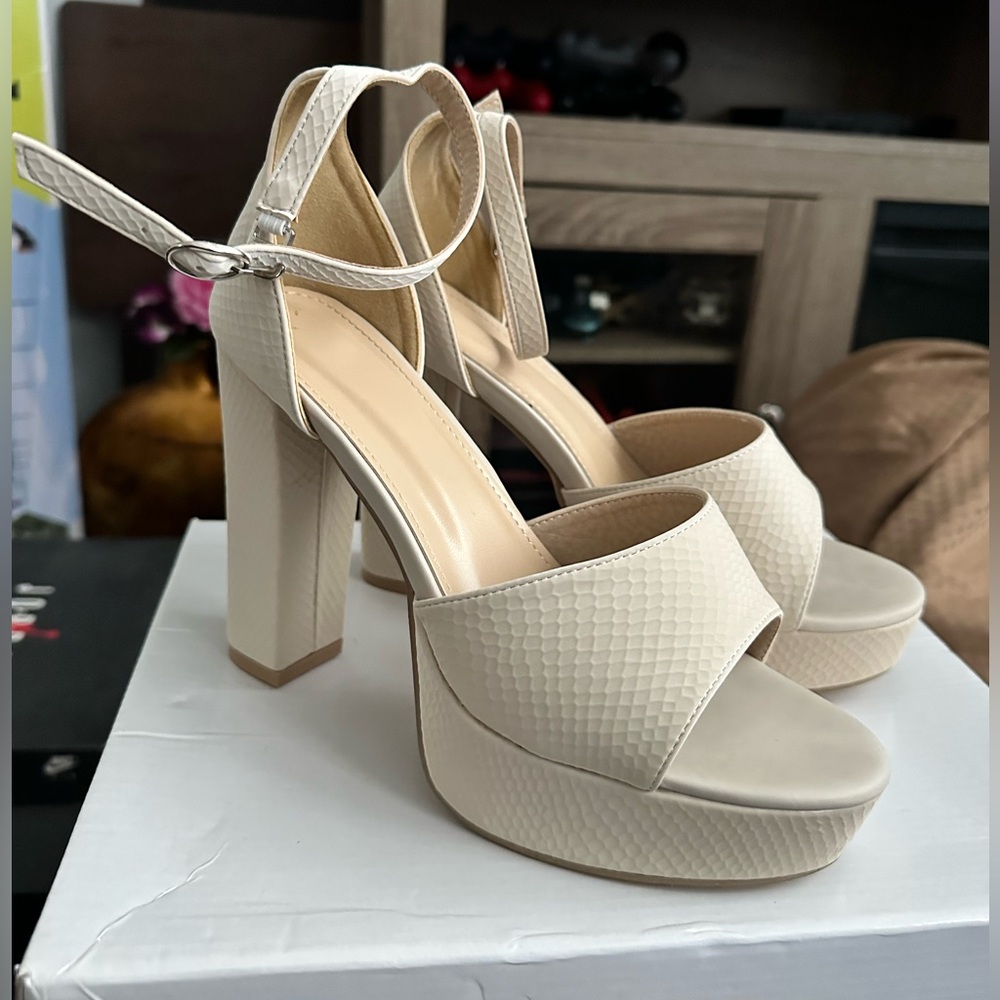 Women's Cream Platform Ankle-Strap Heels